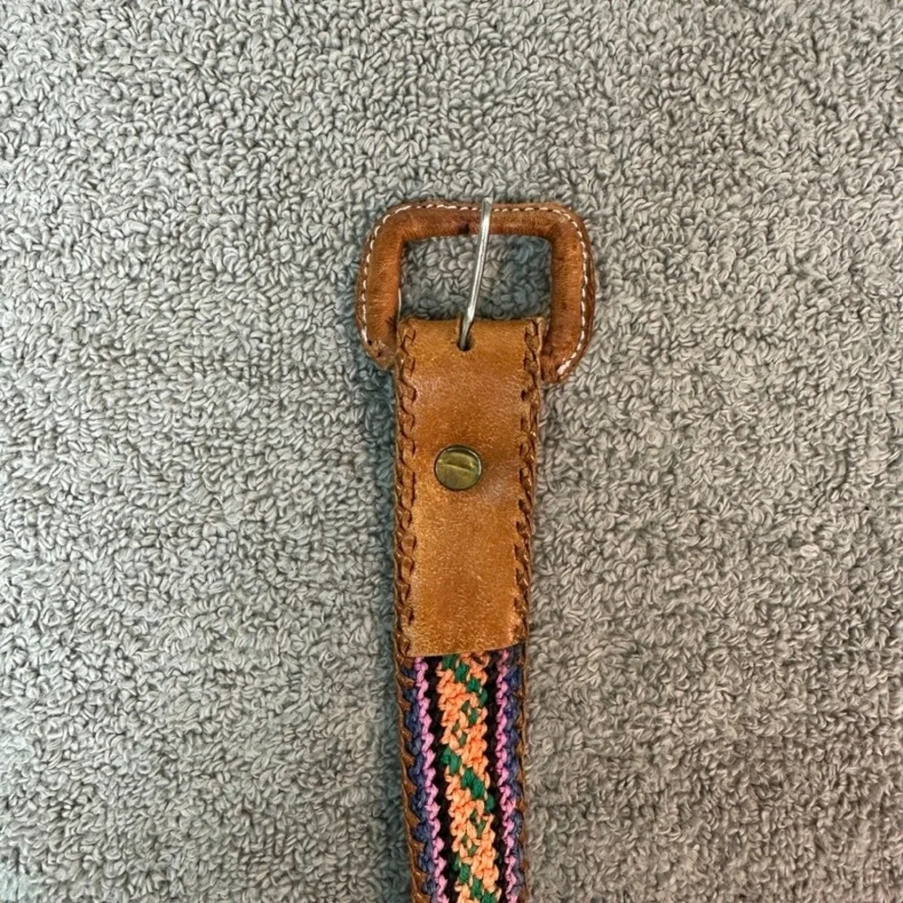 Vintage Southwestern Woven Leather Belt Size 38 Brown Multicolor Guatemala Boho